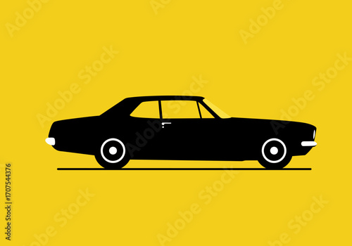 Black muscle car on a yellow background side view stylized illustration