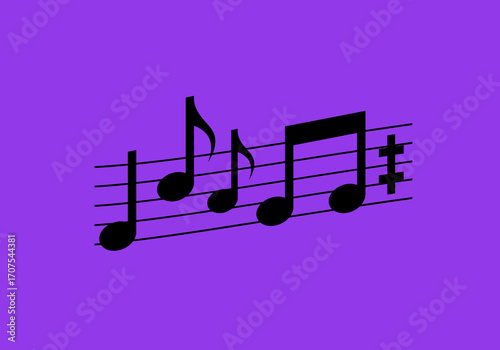 Black musical notes on staff against purple background