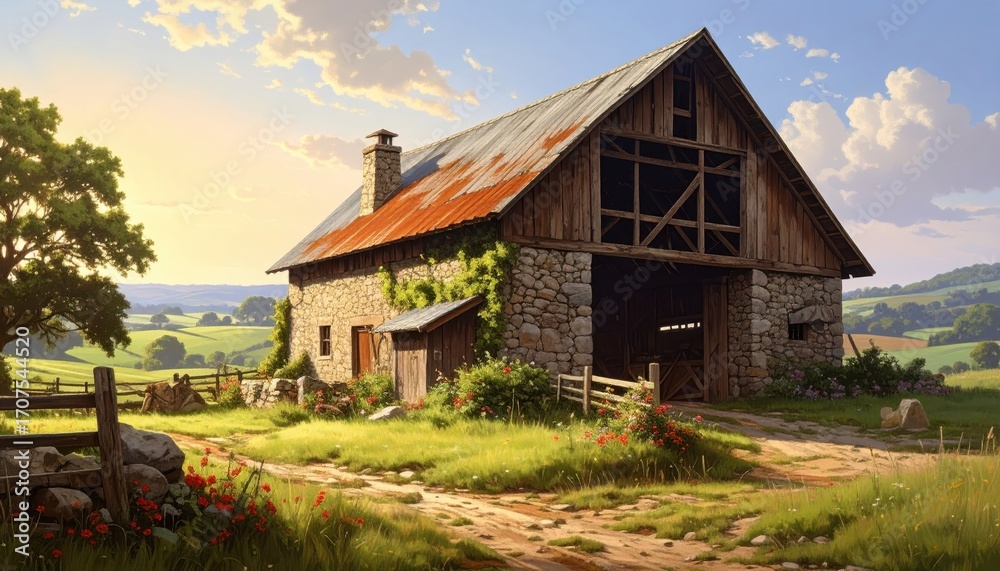 Fototapeta premium A picturesque rural landscape showcases a weathered stone barn nestled amidst rolling hills, bathed in the warm light of a sunny day.