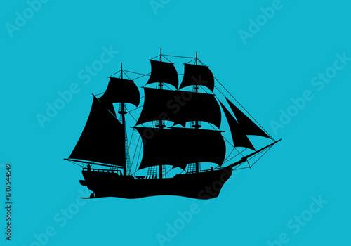 Black ship silhouette set against a cyan background
