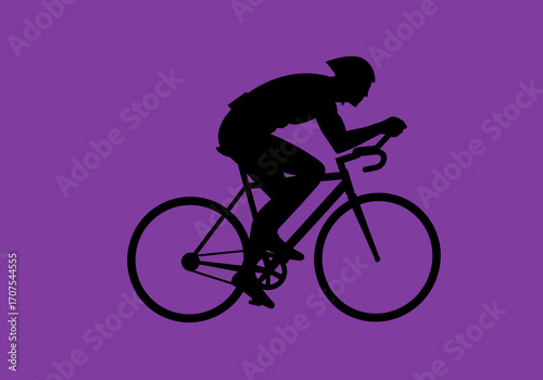 Black silhouette of a cyclist on a bicycle isolated against a purple background