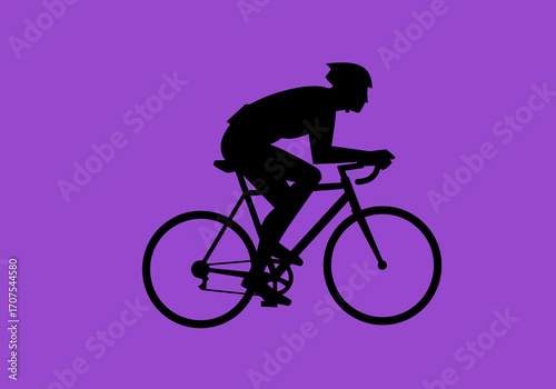 Black silhouette of a cyclist wearing a helmet on a bicycle against a purple background