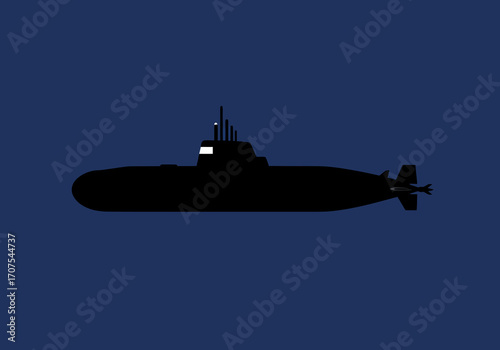 Black submarine silhouette with conning tower on dark blue background