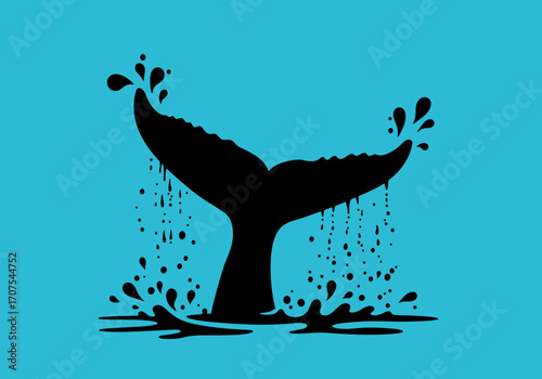 Black silhouette whale tail rising out of a blue sea Water droplets
