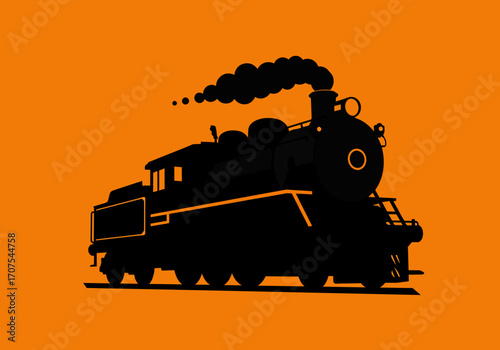 Black train silhouette against an orange background with visible steam