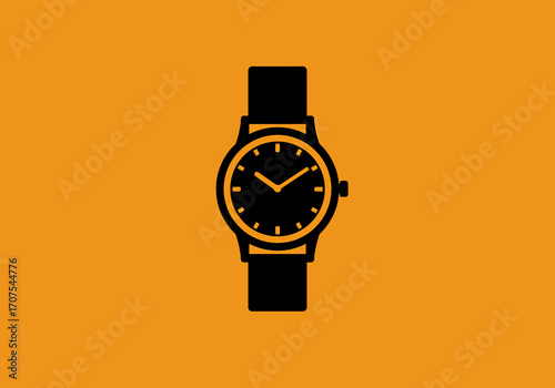 Black watch on a orange background showing time with simple hands