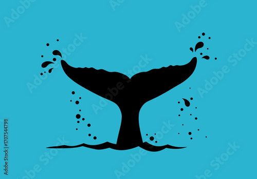 Black whale tail silhouette breaching the surface with water droplets on a light blue background