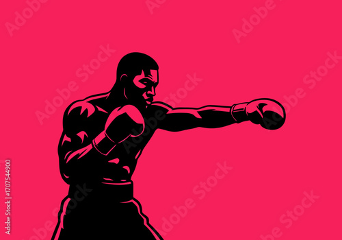 Boxer strikes a fighting pose defined by black color against a red backdrop