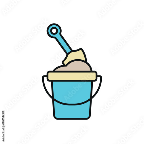 Bucket and spade with sand icon in color with line for holiday and outdoor branding.