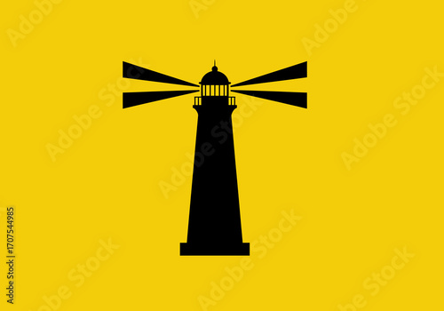 Lighthouse in black silhouette on a yellow background with light beams projecting to either side