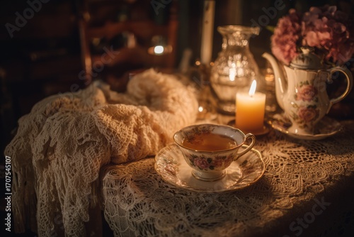 A candlelit evening setting with herbal tea served in vintage china. A soft blanket is draped over a chair. The mood feels romantic and serene, Generative A