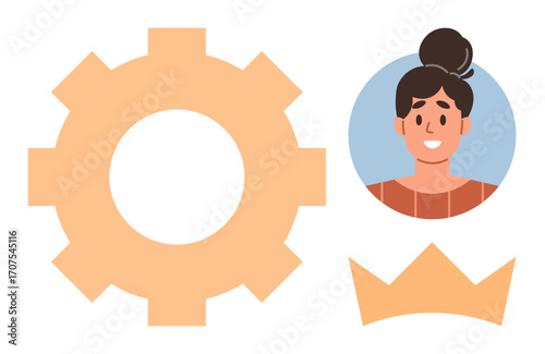 Portrait of smiling woman with hair bun in circle frame, alongside gear and crown shapes. Ideal for leadership, empowerment, career growth, teamwork, creativity, innovation, personal development