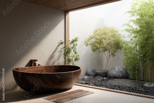 Zen Bathroom Retreat - Wooden Tub and Serene Garden View.