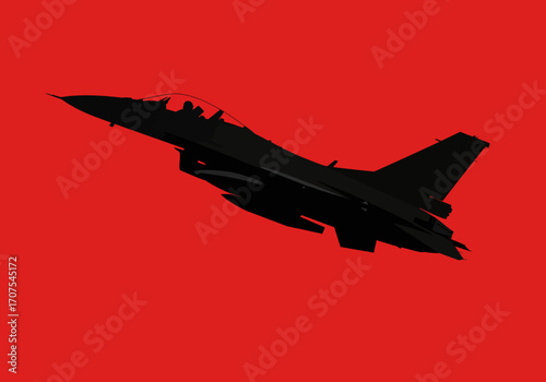 Silhouette of a black fighter jet flying diagonally upward against a red background