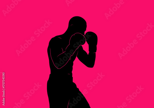 Silhouette of a boxer in stance gloves up against a pink background