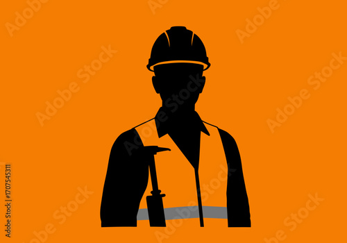 Silhouette of a construction worker wearing a hard hat and safety vest on an orange background holding a tool
