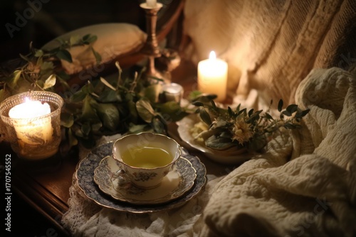 A candlelit evening setting with herbal tea served in vintage china. A soft blanket is draped over a chair. The mood feels romantic and serene, Generative A