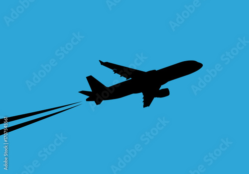 Silhouette of a jet airliner in flight with visible contrails against a plain light blue sky