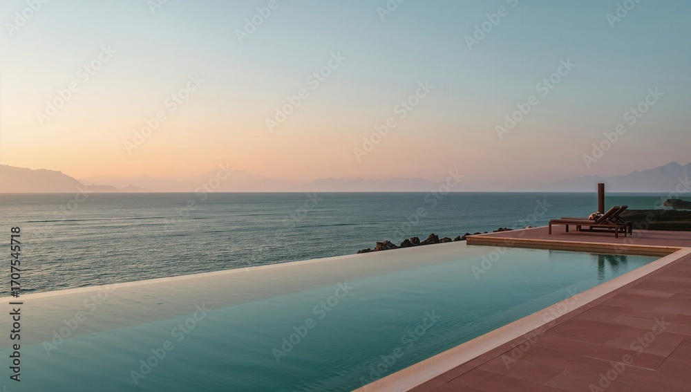 Obraz premium Serene heated pool overlooking tranquil ocean waves at sunset with pastel skies in warm hues