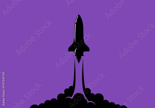 Silhouette of a rocket launching against a purple background billowing black smoke