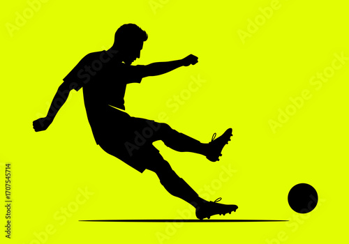 Silhouette of a soccer player kicking a ball against a yellow background