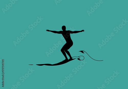 Silhouette of a surfer riding a wave on a teal background