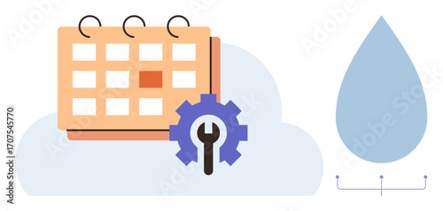 Calendar with gear icon overlay, water drop on cloud. Ideal for scheduling, system optimization, resource management, water conservation, digital tools, sustainable planning, simple flat metaphor