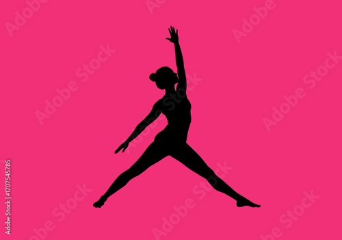 Silhouette of a woman doing yoga pose with one arm raised and legs wide apart on a pink background