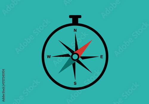 Teal background features a compass with black frame a red needle pointing north and a blue needle