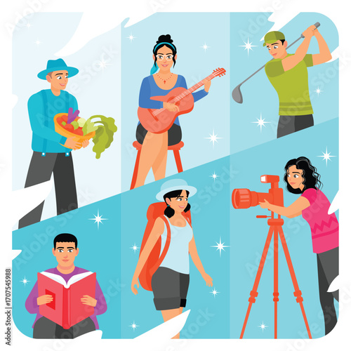  Various Hobbies and Activities Like Sport, Music, Creative Leisure, Entertainment, and Portrait.
