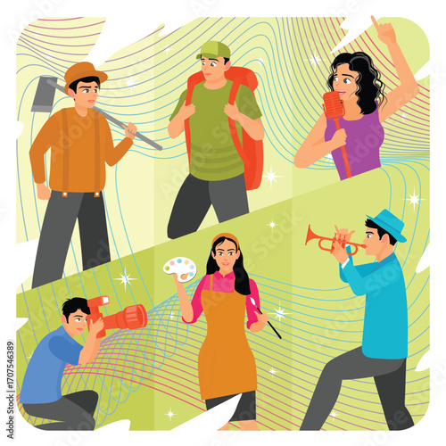 Diverse Group Engaging in Various Hobbies and Creative Arts Activities.