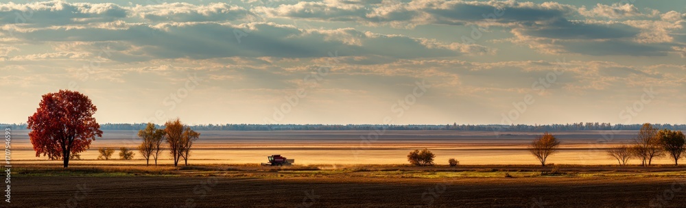 Fototapeta premium A panoramic shot shows fall trees scattered across a golden field under a sky with sun rays breaking through clouds