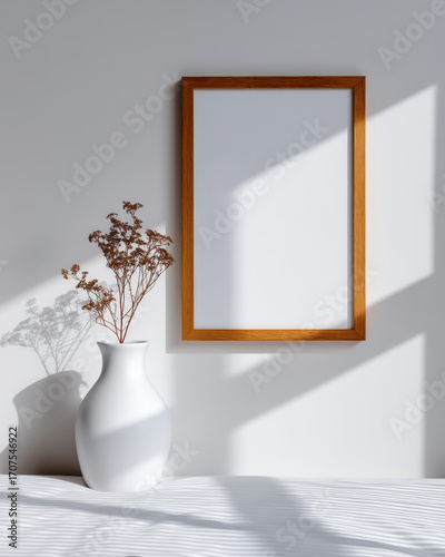 Minimalist wall art mockup with wooden frame, white vase, dried flower, sunlight, and shadow on white wall, creating calm and serene zero waste interior style,3d rendering