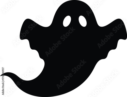 Black ghost silhouette, spooky Halloween spirit, simple ghost icon, haunted ghost figure, scary ghost illustration, Halloween decoration design, ghost clipart