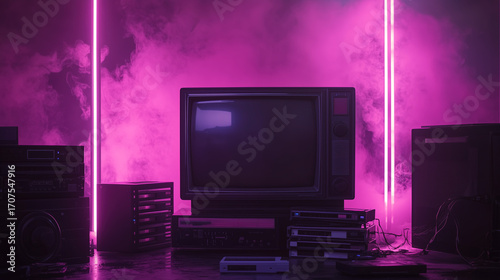 1980s Sci-fi Aesthetic with Retro Technology: Glowing Pink Neon Vintage TV Set Among Scattered Old Stereo Components and Tape Players on Dark Surface