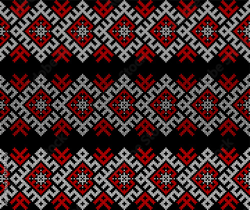 Ukrainian ethnic ornament vector, red and black cross-stitch seamless pattern, traditional vyshyvanka embroidery, folk art border for print, fabric, clothing, website, banner, background