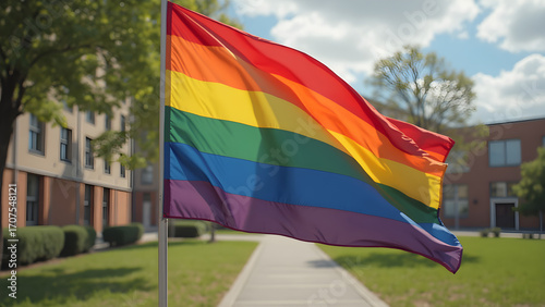 rainbow flag in schoolyard. pride flag symbolism in schools. LGBTQ+ representation in education. promoting inclusivity with rainbow flags.