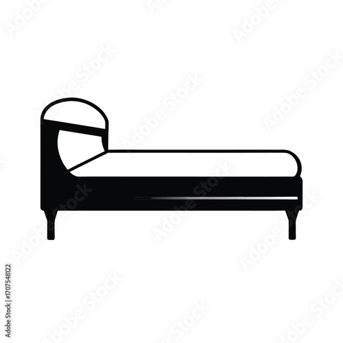 Minimalist black silhouette of a bed on a clean white background