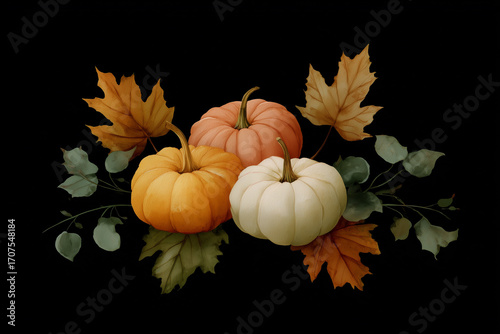Pumpkins with leaves on a black background in a painted style. 
