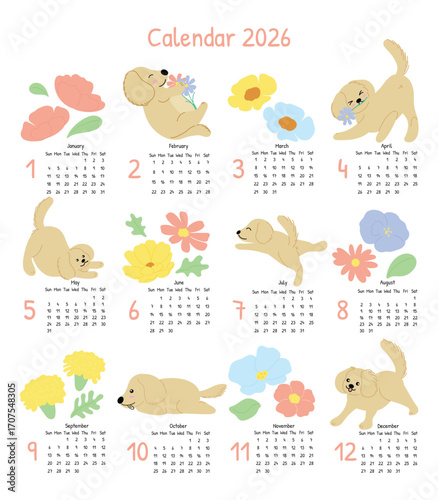 2026 Monthly calendar 12 months template. Cute design layout calendar week starts on sunday with dog, flower on beige background. Use for New year, business, print, advertisement, organization.