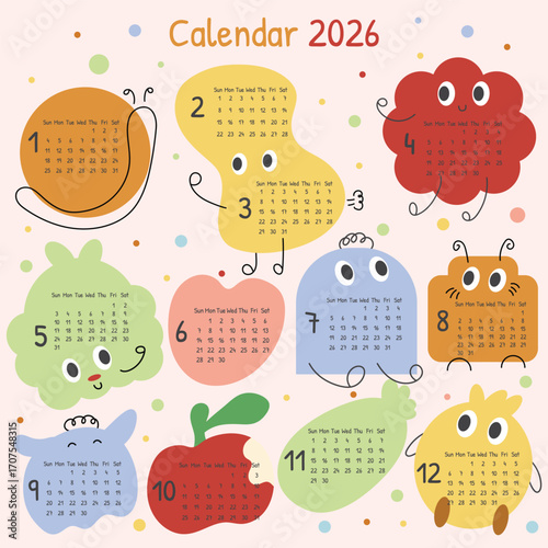 2026 Monthly calendar 12 months template. Cute design layout calendar week starts on sunday with snail, apple, monster on white background. Use for New year, business, print.