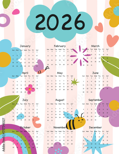 2026 Monthly calendar 12 months template. Cute design layout calendar week starts on sunday with flower, rainbow, bee, butterfly, leaves on white background. Use for New year, business, print.