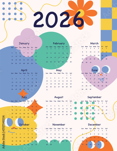 2026 Monthly calendar 12 months template. Cute design layout calendar week starts on sunday with character geometric shape, flower, heart on beige background. Use for New year, business, print.