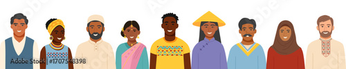 Portraits of men and women of different nationalities in traditional clothing. Concept of cultural diversity, equality, social inclusion and friendship. Vector flat background.