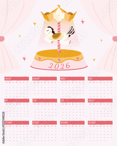 2026 Monthly calendar 12 months template. Cute design layout calendar week starts on sunday with carousel on blue background. Use for New year, business, print, advertisement, organization.