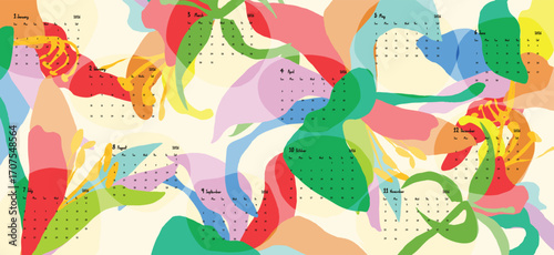 2026 Monthly calendar 12 months template. Cute design layout calendar week starts on sunday with colorful abstract flower on beige background. Use for New year, business, print.