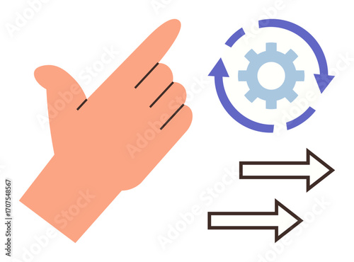 Hand pointing, blue gear encircled by arrows, and bidirectional lines represent process automation, workflow, efficiency, innovation, decision-making, optimization and simplicity. Ideal for simple