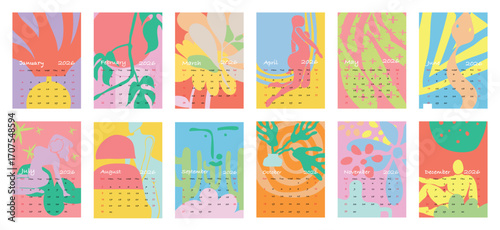 2026 Monthly calendar 12 months template. Cute design layout calendar week starts on sunday with vibrant abstract people, flower on colorful background. Use for New year, business, print.
