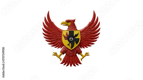 Red heraldic eagle with black and yellow shield.
