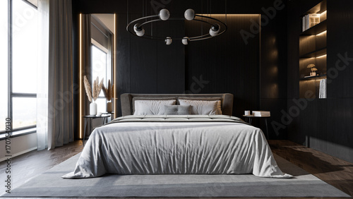 Modern Minimalist Bedroom Interior with Dark Walls and Elegant Lighting